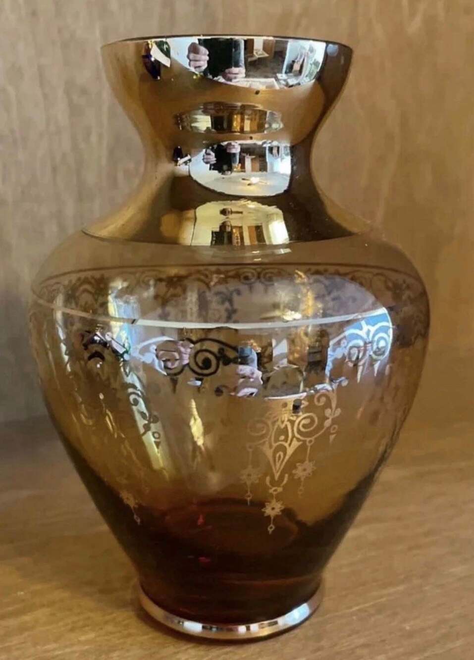 Vecchia Murano Amber Art Glass Vase with 24K Gold Trim and Floral Motif